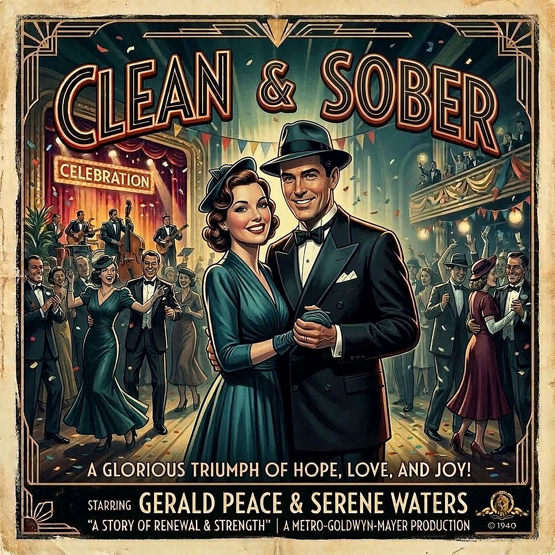 Thumbnail of a 1940s retro sobriety coffee mug design featuring an elegant dancing couple at a glamorous celebration with “Clean & Sober” vintage movie poster typography and jazz-era party scene.