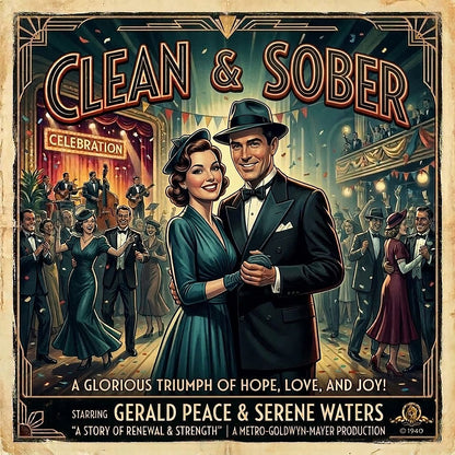 Thumbnail of a 1940s retro sobriety coffee mug design featuring an elegant dancing couple at a glamorous celebration with “Clean & Sober” vintage movie poster typography and jazz-era party scene.