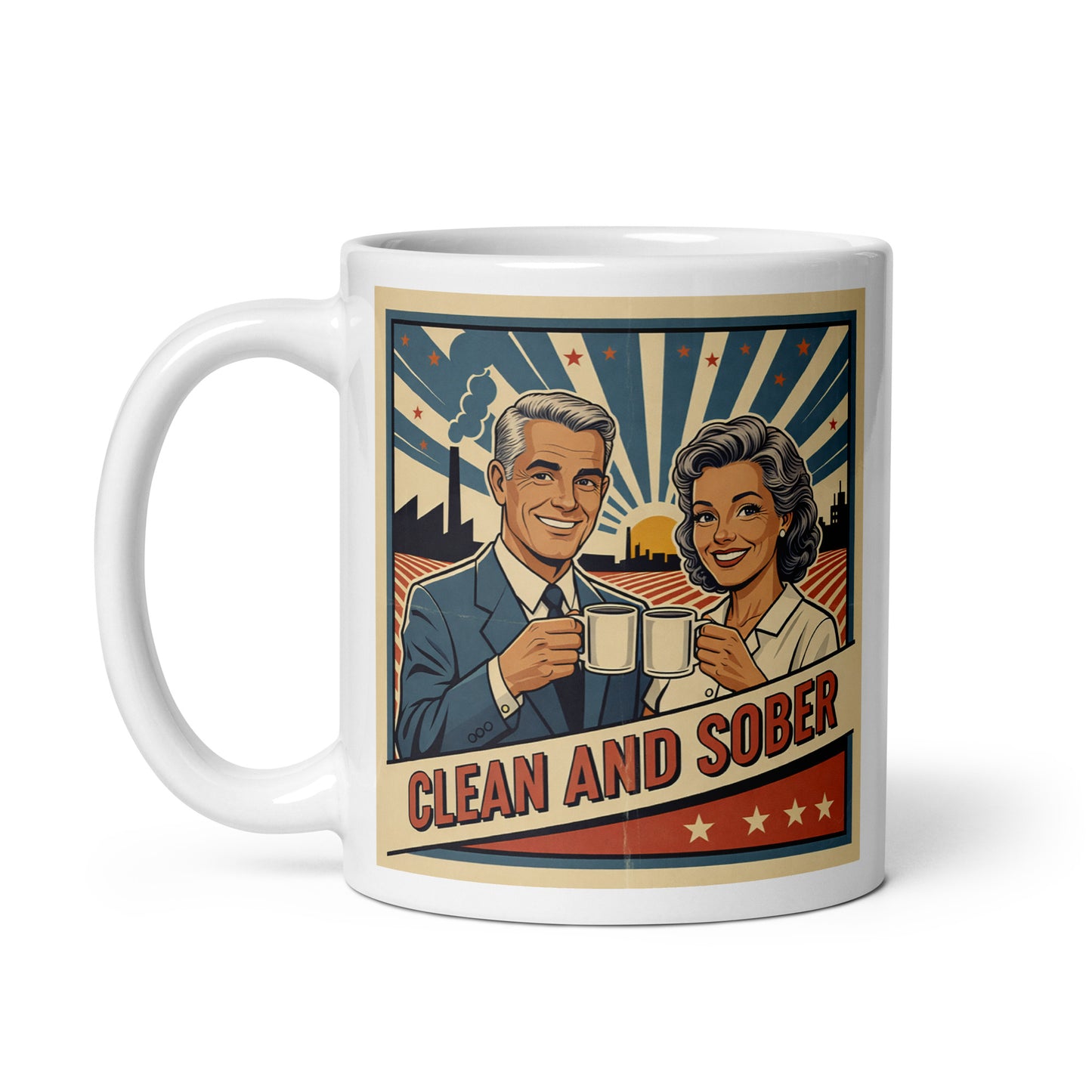 Nostalgic 1940s retro clean and sober coffee mug design featuring a smiling mature couple holding coffee mugs with vintage patriotic sunburst artwork and classic recovery-style typography.