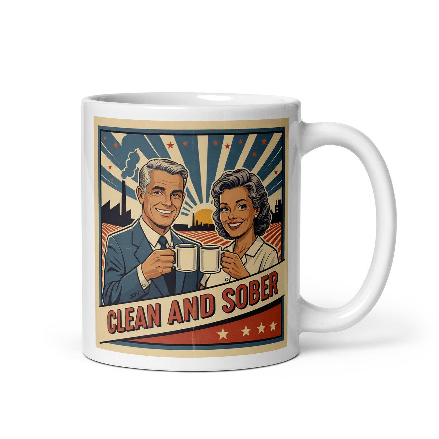1940s retro clean and sober coffee mug design featuring a smiling mature couple holding coffee mugs with vintage patriotic sunburst artwork and classic recovery-style typography.