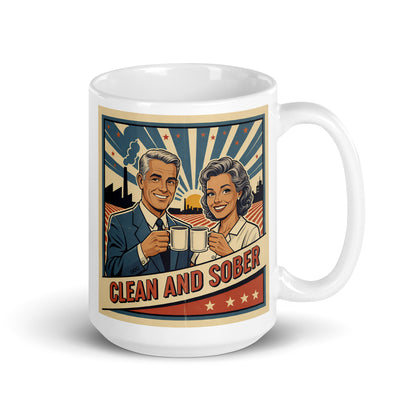 Blue striped sky 1940s retro clean and sober coffee mug design featuring a smiling mature couple holding coffee mugs with vintage patriotic sunburst artwork and classic recovery-style typography.