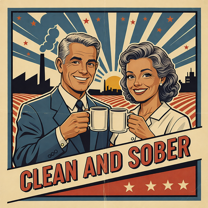 Thumbnail of a 1940s retro clean and sober coffee mug design featuring a smiling mature couple holding coffee mugs with vintage patriotic sunburst artwork and classic recovery-style typography.
