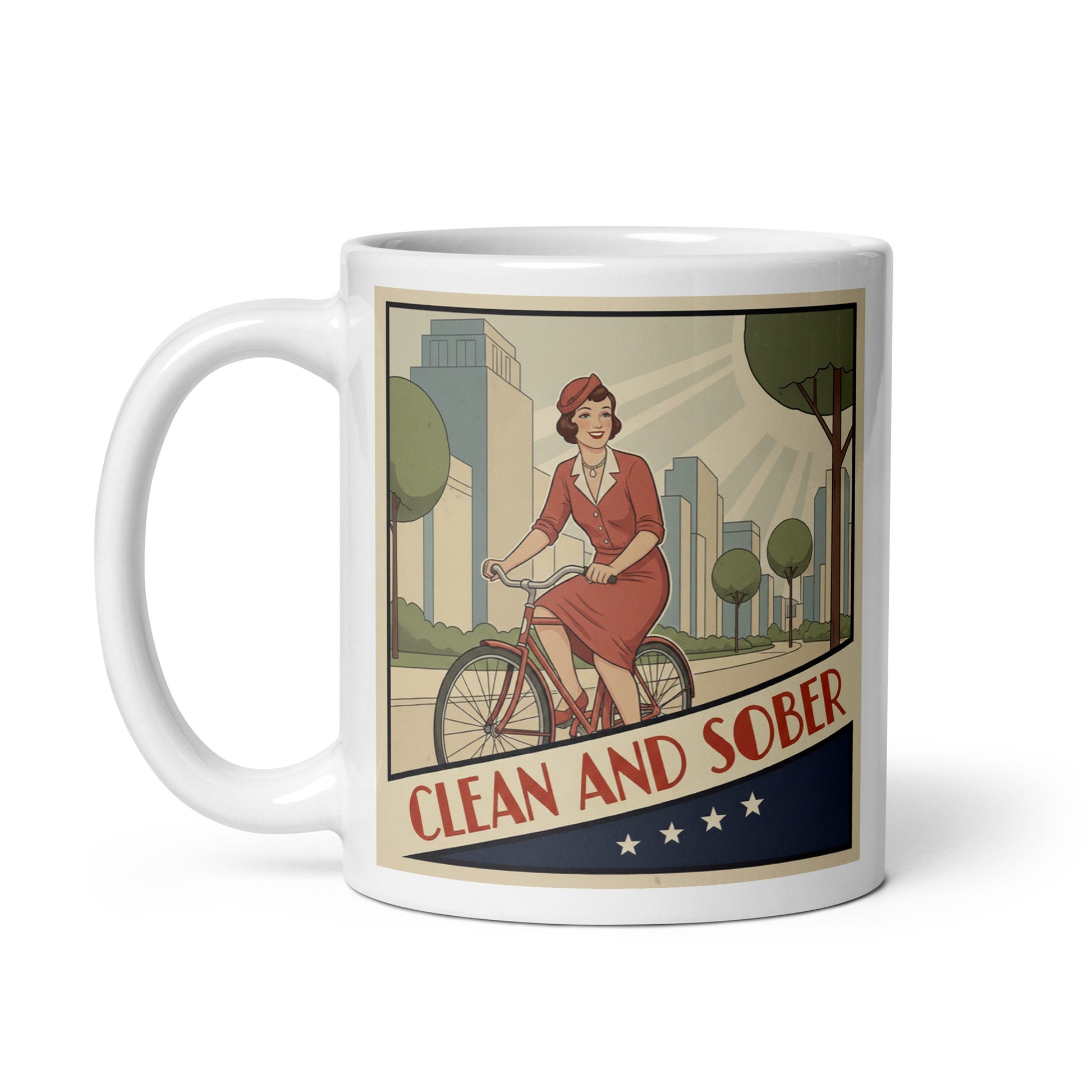 Nostalgic 1940s retro clean and sober coffee mug design featuring a smiling woman riding a bicycle through a vintage city landscape with classic poster-style typography.