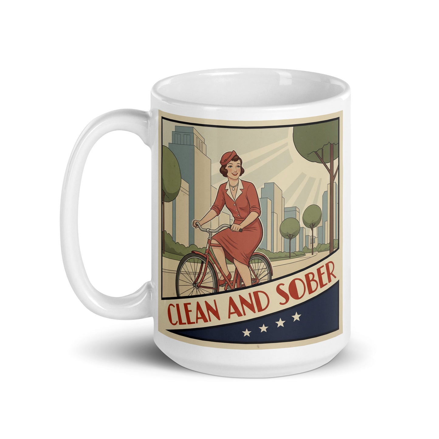 1940s retro clean and sober coffee mug design featuring a clean and sober woman riding her bicycle through a vintage city landscape with classic poster-style typography.