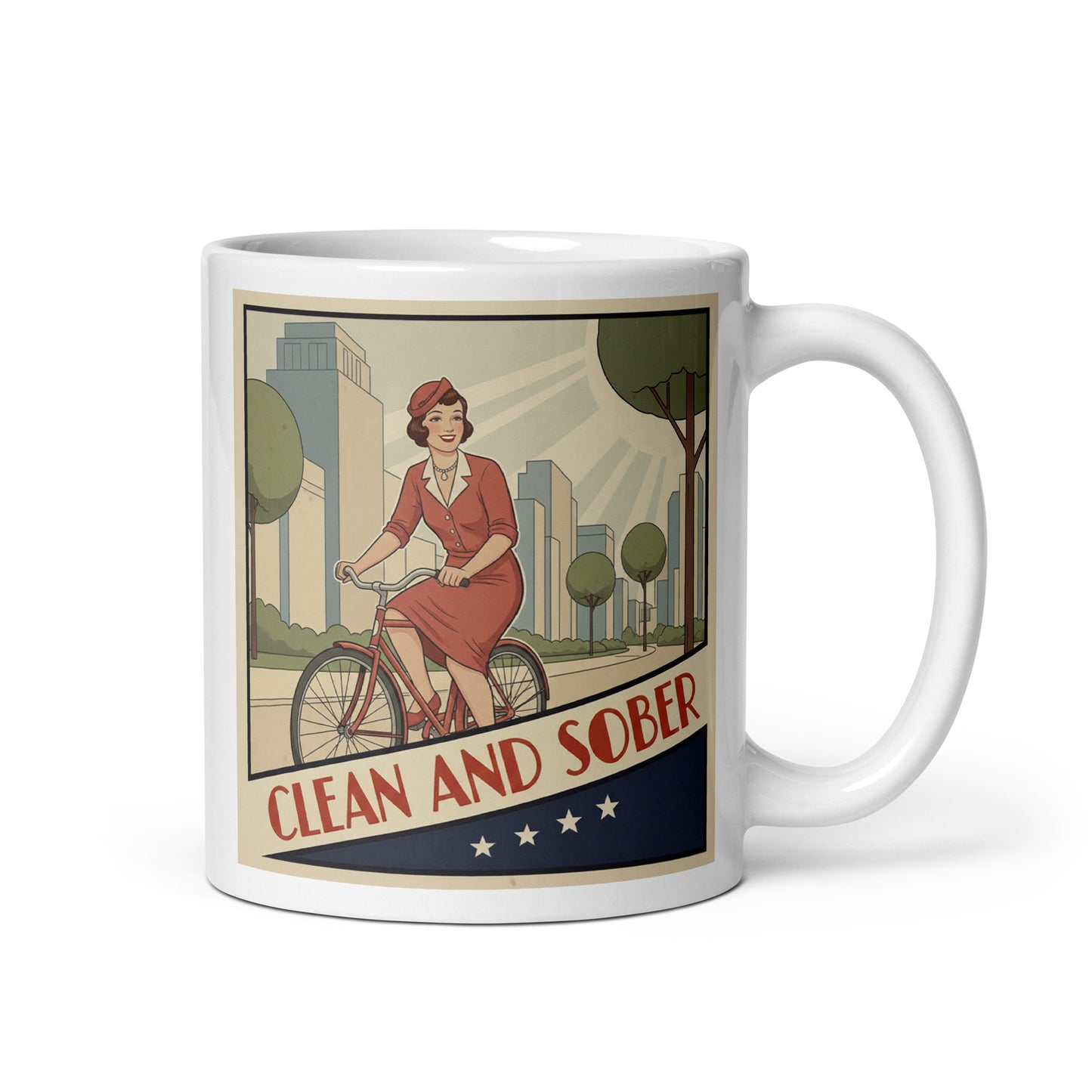 1940s retro clean and sober coffee mug design featuring a smiling woman riding a bicycle through a vintage city landscape with classic poster-style typography.