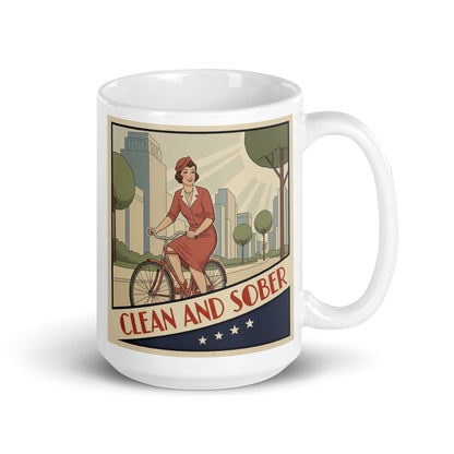 1940s retro clean and sober coffee mug design featuring a smiling sober woman riding a bicycle through a vintage city landscape with classic poster-style typography.