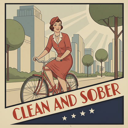 Thumbnail of a 1940s retro clean and sober coffee mug design featuring a smiling woman riding a bicycle through a vintage city landscape with classic poster-style typography.