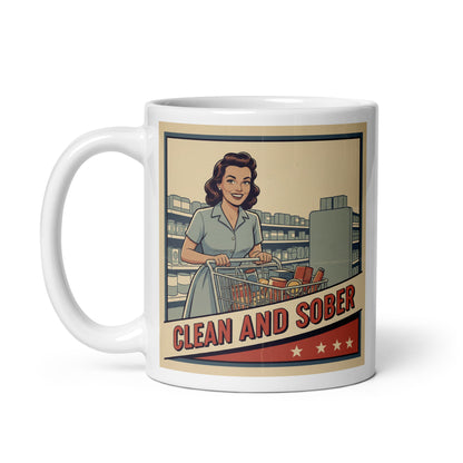 1940s retro clean and sober coffee mug design featuring a sober woman grocery shopping with a cart in a vintage supermarket scene and classic recovery-style typography.