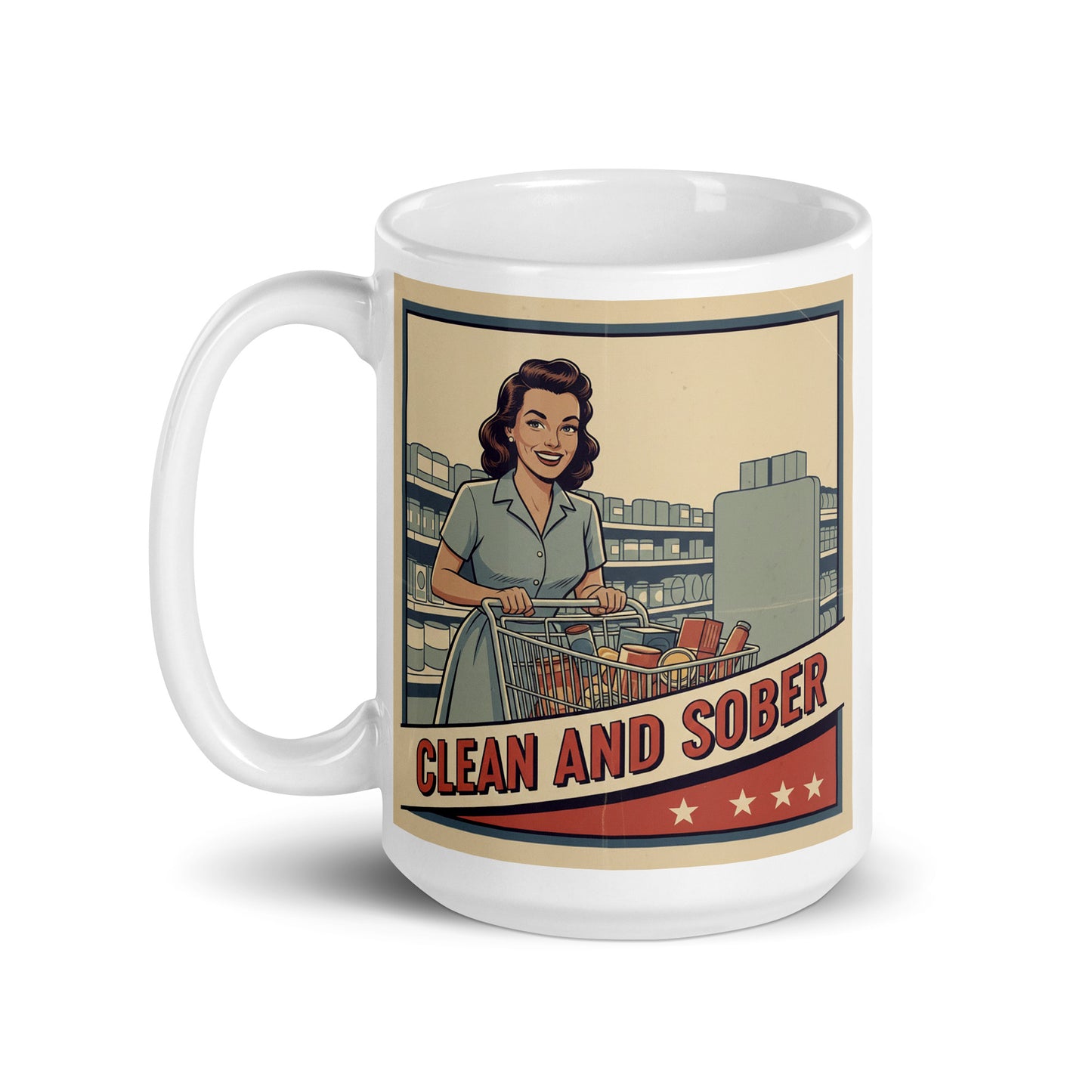 1940s vintage recovery coffee mug design featuring a sober woman grocery shopping with a cart in a vintage supermarket scene and classic recovery-style typography.
