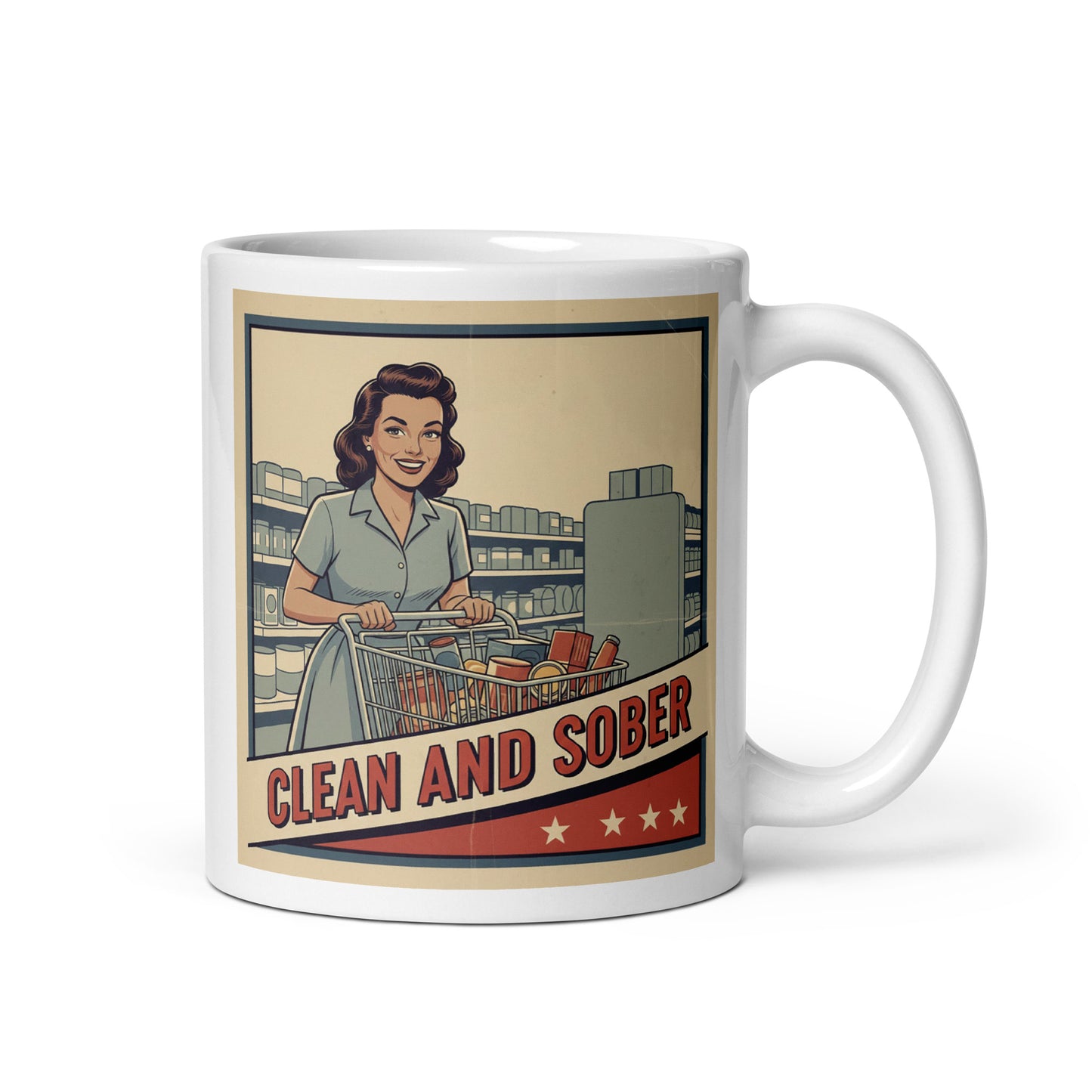 1940s retro clean and sober coffee mug design featuring a smiling woman grocery shopping with a cart in a vintage supermarket scene and classic recovery-style typography.