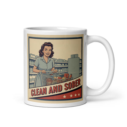 1940s retro clean and sober coffee mug design featuring a smiling woman grocery shopping with a cart in a vintage supermarket scene and classic recovery-style typography.