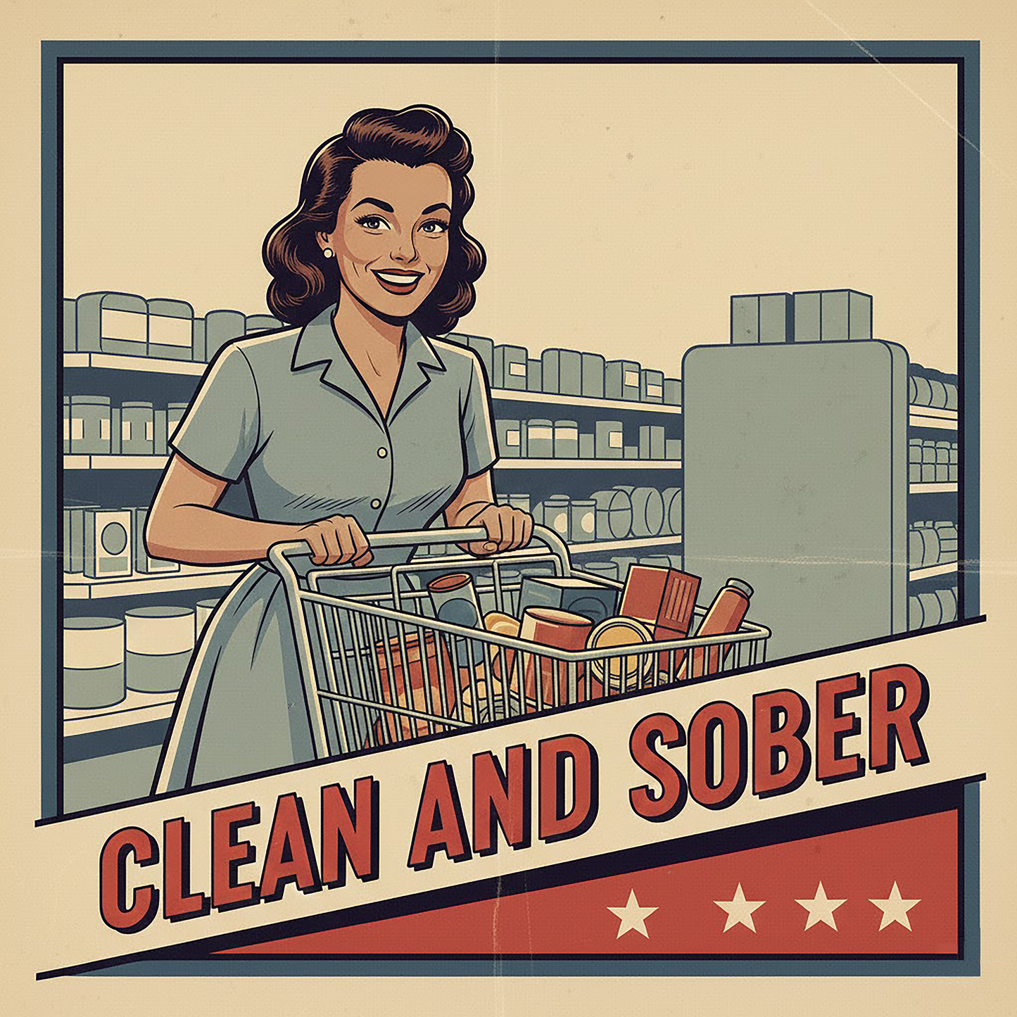 Thumbnail of a 1940s retro clean and sober coffee mug design featuring a smiling woman grocery shopping with a cart in a vintage supermarket scene and classic recovery-style typography.