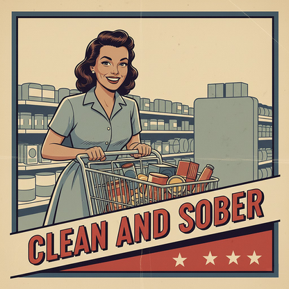 Thumbnail of a 1940s retro clean and sober coffee mug design featuring a smiling woman grocery shopping with a cart in a vintage supermarket scene and classic recovery-style typography.