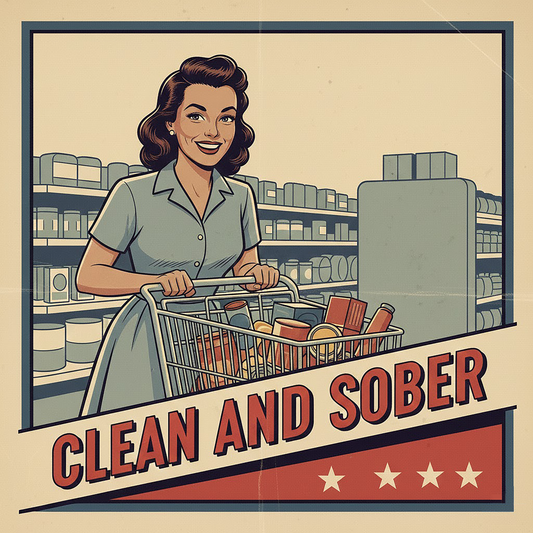 Thumbnail of a 1940s retro clean and sober coffee mug design featuring a smiling woman grocery shopping with a cart in a vintage supermarket scene and classic recovery-style typography.
