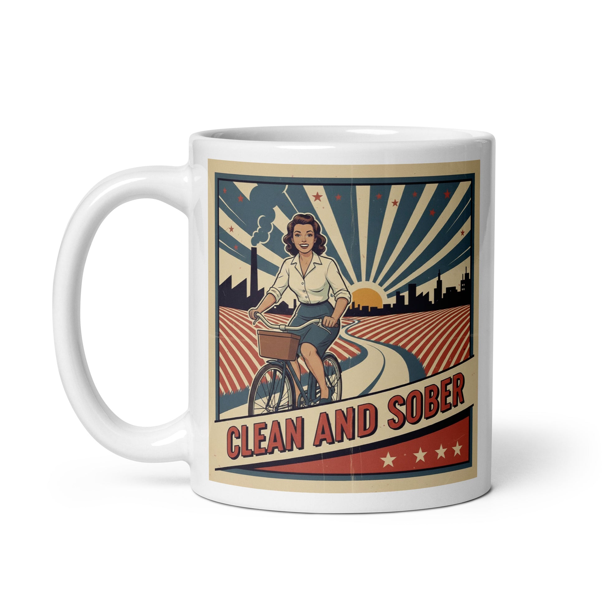 1940s retro sobriety coffee mug design featuring a smiling woman riding a bicycle through a vintage patriotic countryside scene with classic recovery-style typography