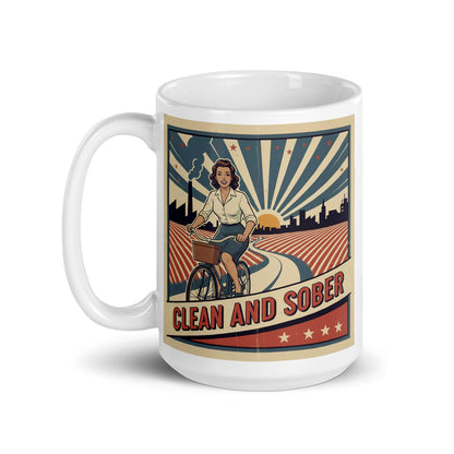 1940s retro clean and sober coffee mug design featuring a smiling woman riding a bicycle through a vintage patriotic countryside scene with classic recovery-style typography