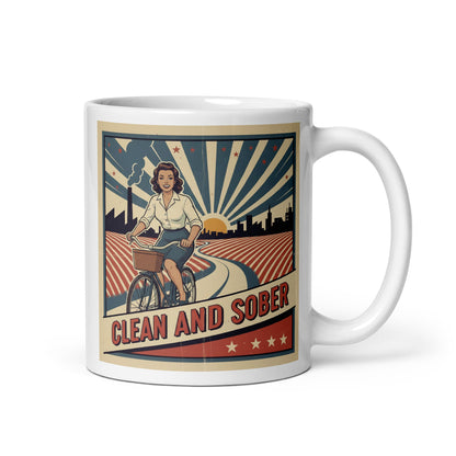 1940s retro clean and sober coffee mug design featuring a sober happy woman riding a bicycle through a vintage countryside scene with classic recovery-style typography