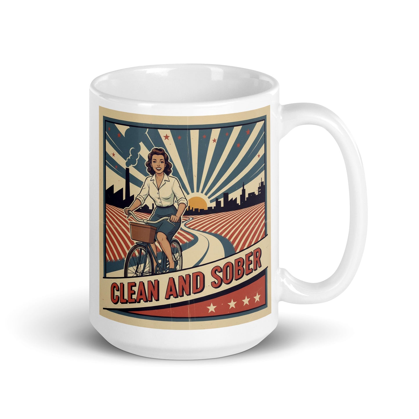 Vintage 1940s retro clean and sober coffee mug design featuring a smiling woman riding a bicycle through a retro patriotic countryside scene with classic recovery-style typography