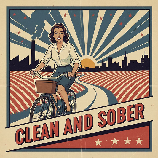Thumbnail of a 1940s retro clean and sober coffee mug design featuring a smiling woman riding a bicycle through a vintage patriotic countryside scene with classic recovery-style typography
