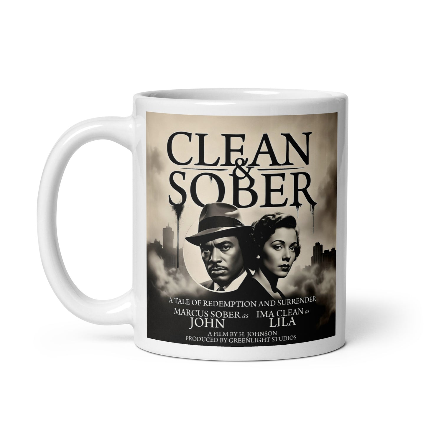 Black and white Vintage noir style clean and sober coffee mug design featuring a dramatic black-and-white retro movie poster with a man and woman against a smoky city skyline.