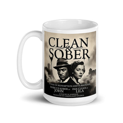 Presenting a Vintage noir style clean and sober coffee mug design featuring a dramatic black & white retro movie poster with a man and woman against a smoky city skyline.