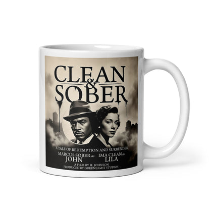 Vintage noir style clean and sober coffee mug design featuring a dramatic black-and-white retro movie poster with a man and woman against a smoky city skyline.