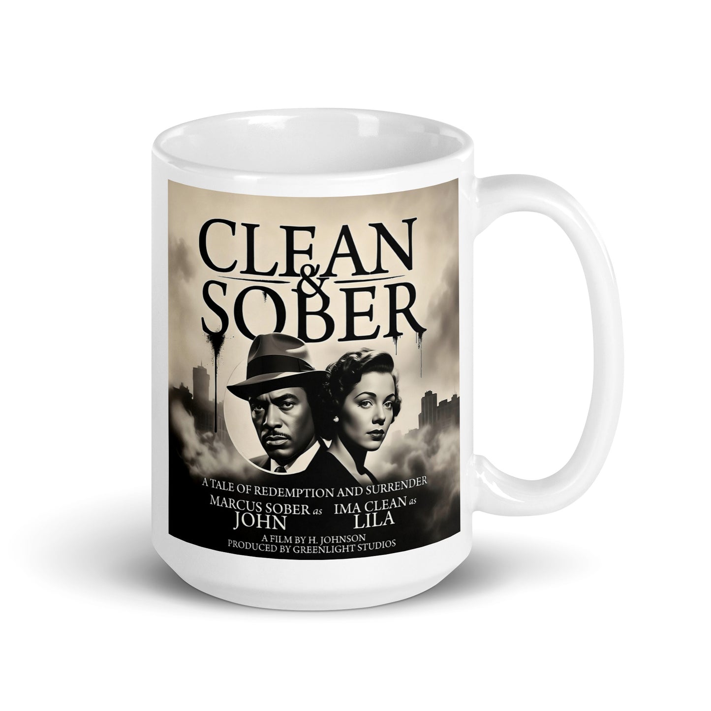 Compelling noir style clean and sober coffee mug design featuring a dramatic black-and-white retro movie poster with a man and woman against a smoky city skyline.