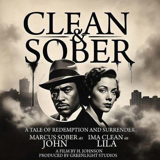 Thumbnail of a Vintage noir style clean and sober coffee mug design featuring a dramatic black-and-white retro movie poster with a man and woman against a smoky city skyline.