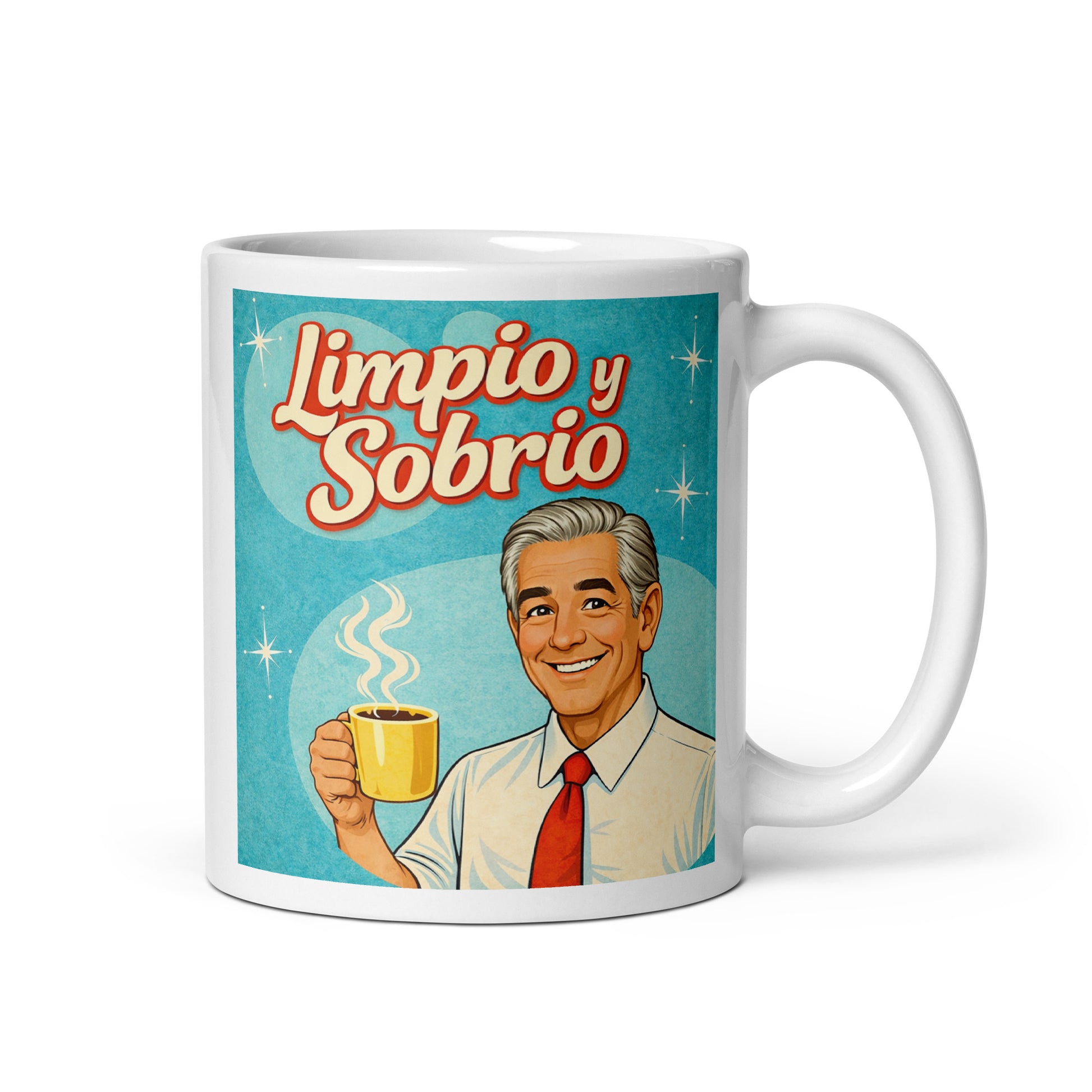 Diseño retro en español para taza de café con hombre sonriente sosteniendo una taza y texto “Limpio y Sobrio”, inspirado en la recuperación y una vida positiva sin alcohol.