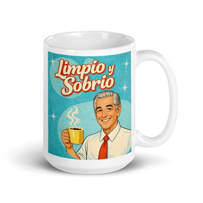 Colorido y animado Diseño retro en español para taza de café con hombre sonriente sosteniendo una taza y texto “Limpio y Sobrio”, inspirado en la recuperación y una vida positiva sin alcohol.