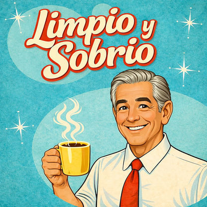 Miniatura de una Diseño retro en español para taza de café con hombre sonriente sosteniendo una taza y texto “Limpio y Sobrio”, inspirado en la recuperación y una vida positiva sin alcohol.