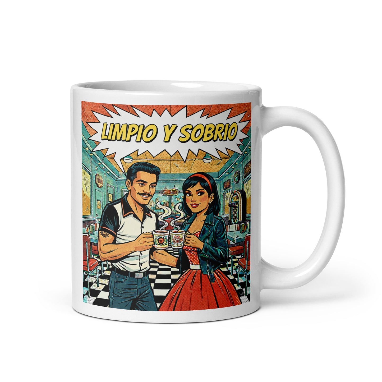 Diseño retro rockabilly en español para taza de café con pareja latina en un diner vintage brindando con café y texto “Limpio y Sobrio”, inspirado en la recuperación y la vida sin alcohol.