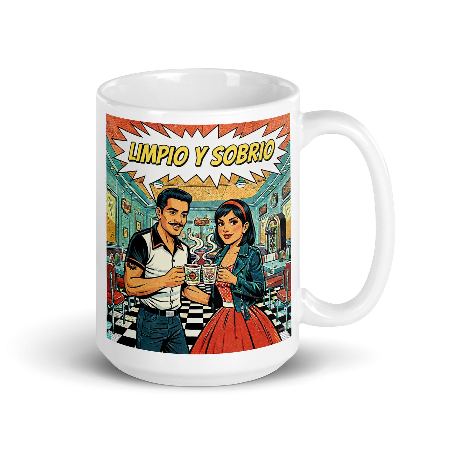 Colorido y animado Diseño retro rockabilly en español para taza de café con pareja latina en un diner vintage brindando con café y texto “Limpio y Sobrio”, inspirado en la recuperación y la vida sin alcohol.