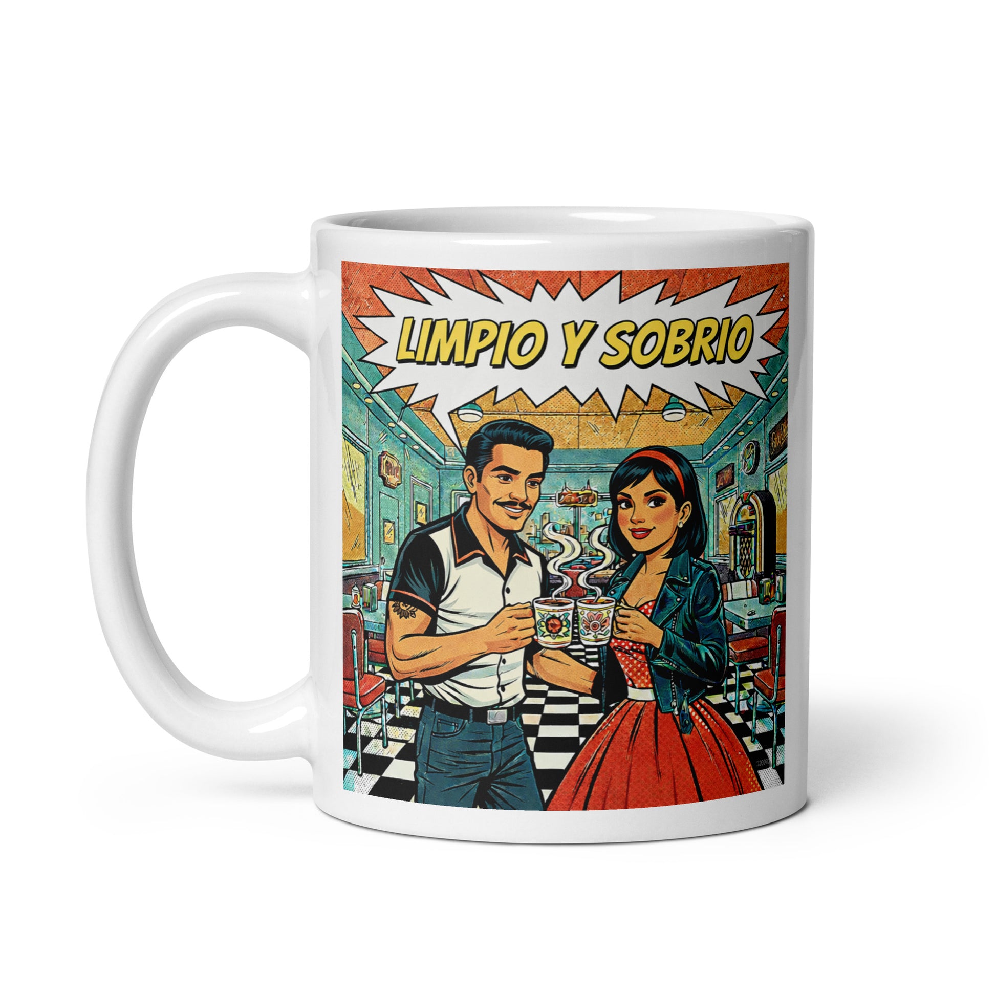 Feliz y alegre Diseño retro rockabilly en español para taza de café con pareja latina en un diner vintage brindando con café y texto “Limpio y Sobrio”, inspirado en la recuperación y la vida sin alcohol.
