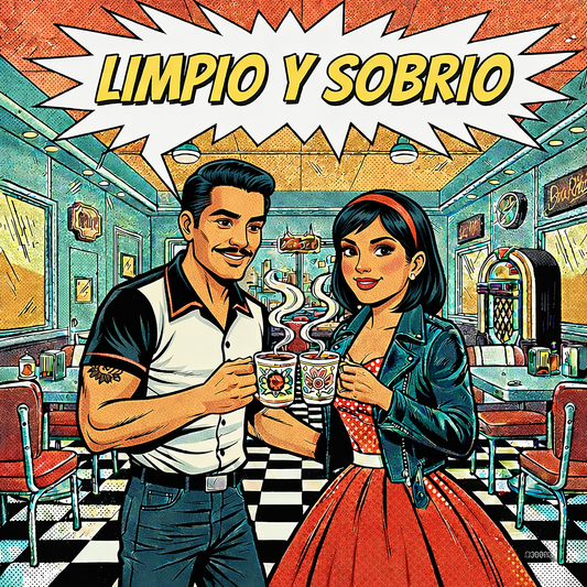 Miniatura de una Diseño retro rockabilly en español para taza de café con pareja latina en un diner vintage brindando con café y texto “Limpio y Sobrio”, inspirado en la recuperación y la vida sin alcohol.