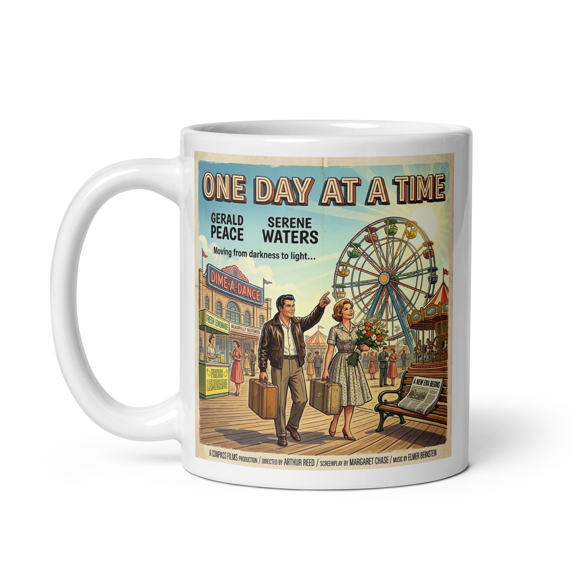 1950s retro one day at a time sobriety coffee mug featuring a carnival boardwalk scene, Ferris wheel, vintage couple, and recovery themed artwork symbolizing hope and new beginnings.