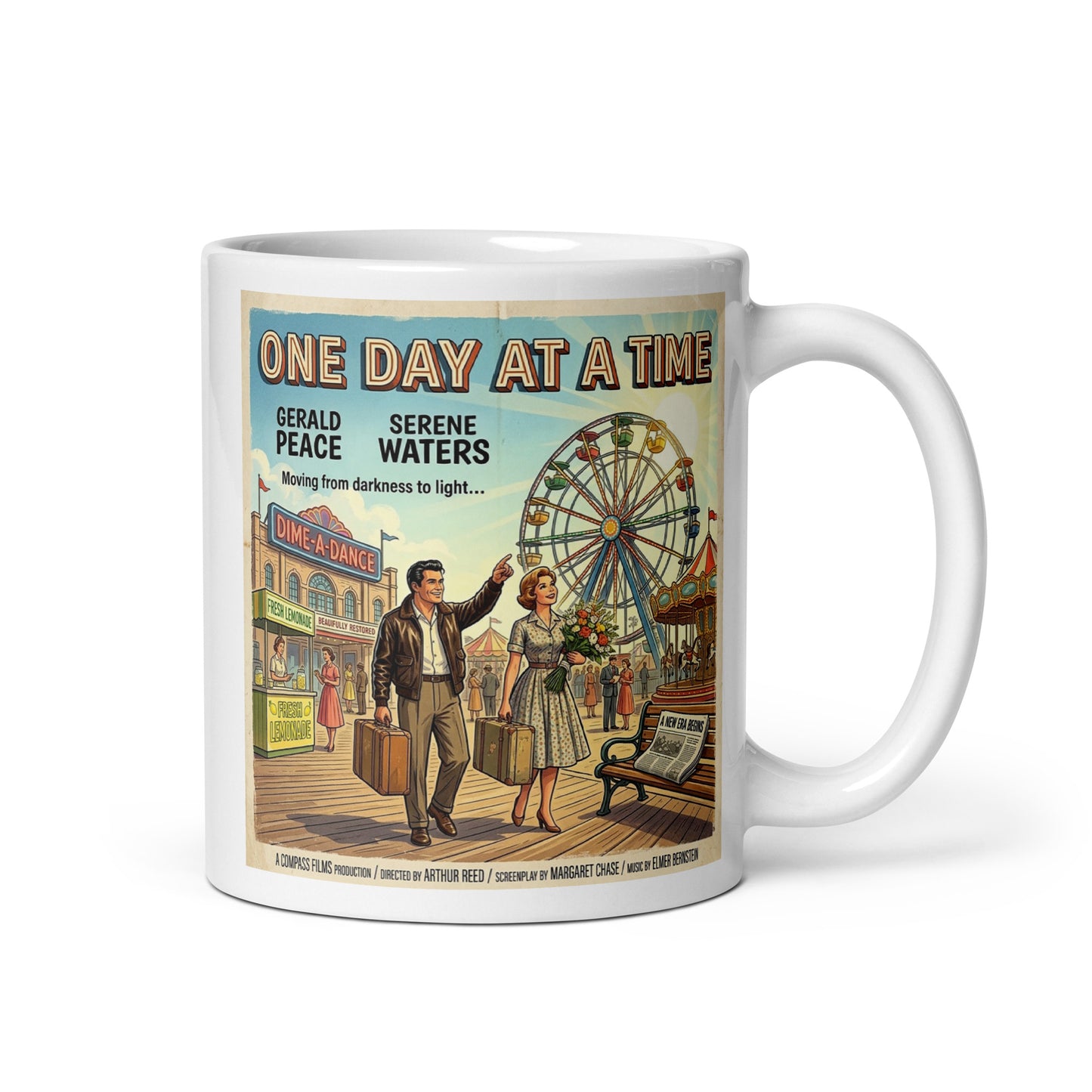 Nostalgic 1950s retro one day at a time sobriety coffee mug featuring a carnival boardwalk scene, Ferris wheel, vintage couple, and recovery themed artwork symbolizing hope and new beginning.