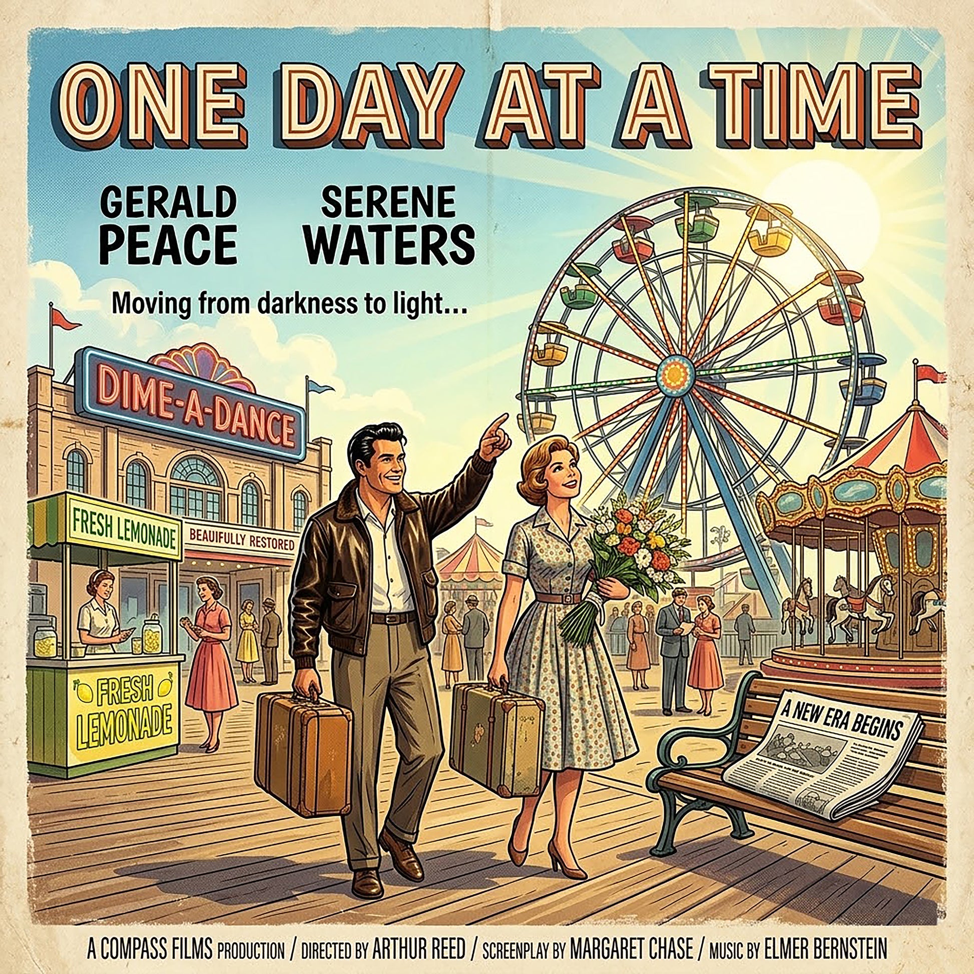 Thumbnail of a 1950s retro one day at a time sobriety coffee mug featuring a carnival boardwalk scene, Ferris wheel, vintage couple, and recovery themed artwork symbolizing hope and new beginnings.