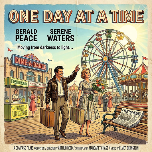 Thumbnail of a 1950s retro one day at a time sobriety coffee mug featuring a carnival boardwalk scene, Ferris wheel, vintage couple, and recovery themed artwork symbolizing hope and new beginnings.