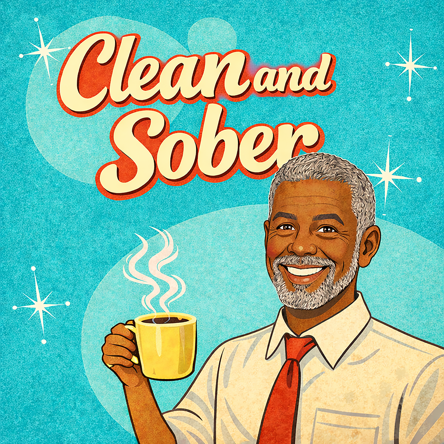 Thumbnail of a 1950s retro style “Clean and Sober” illustration featuring a smiling older man with gray hair holding a steaming coffee mug against a turquoise atomic-era background with vintage typography for a sobriety-themed coffee mug design.