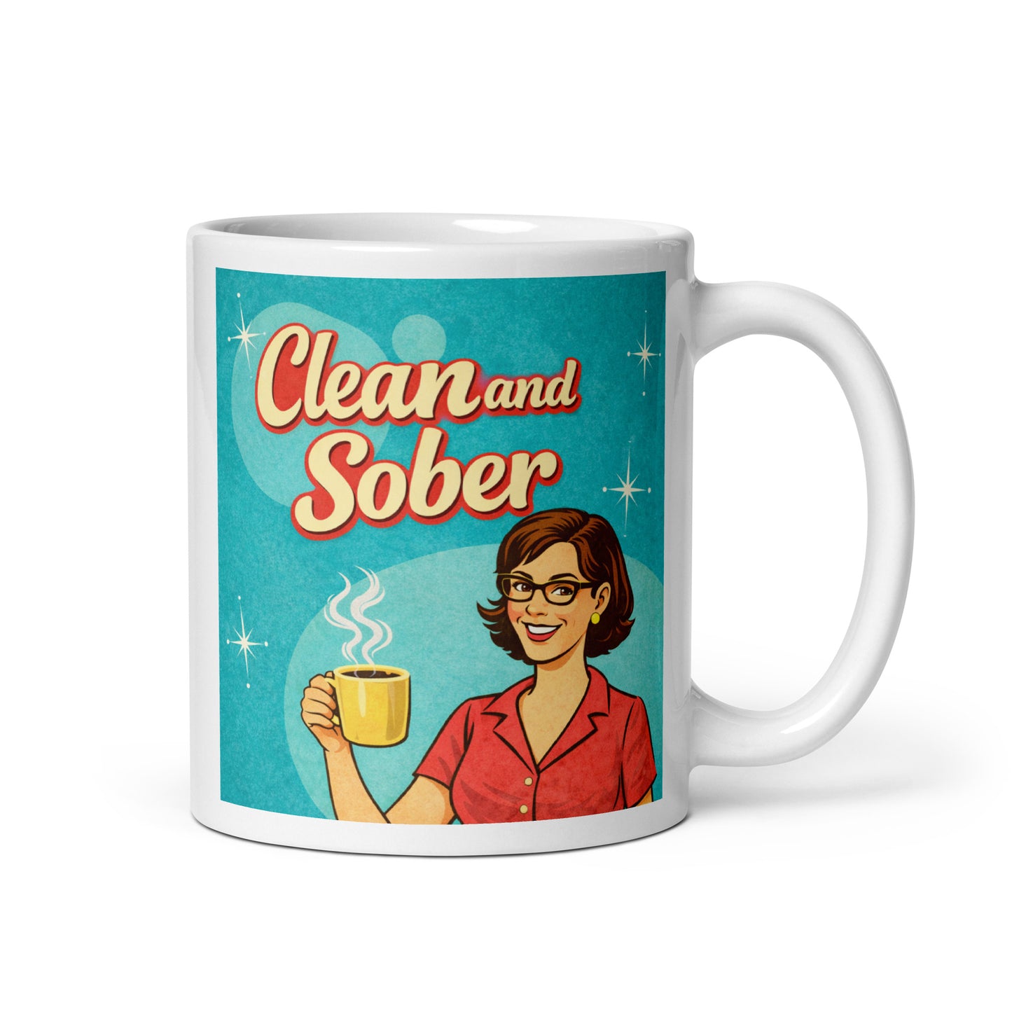 1950s retro style “Clean and Sober” illustration featuring a smiling woman with glasses holding a steaming coffee mug against a turquoise atomic-era background with vintage typography for a sobriety-themed coffee mug design.