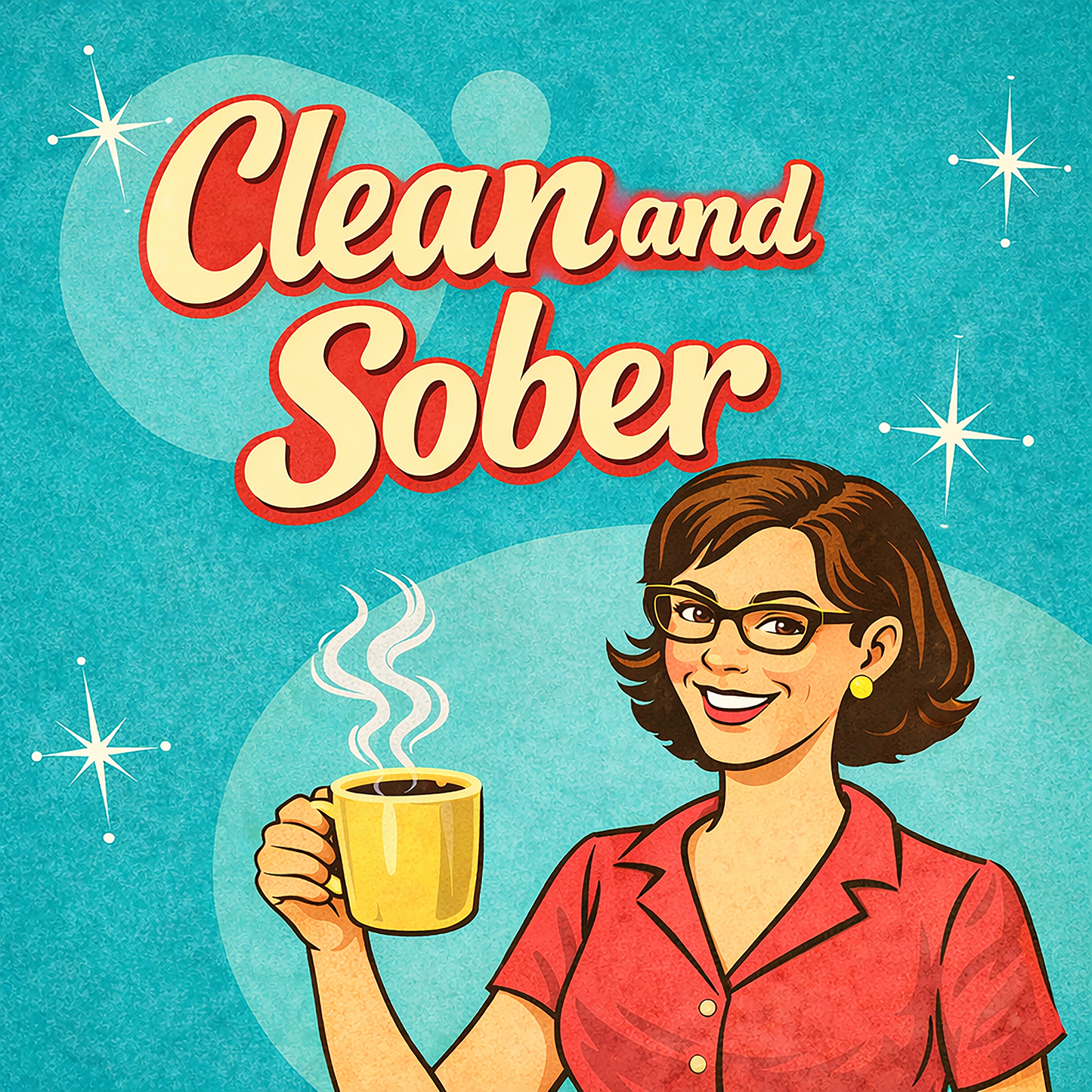 Thumbnail of 1950s retro style “Clean and Sober” illustration featuring a smiling woman with glasses holding a steaming coffee mug against a turquoise atomic-era background with vintage typography for a sobriety-themed coffee mug design.