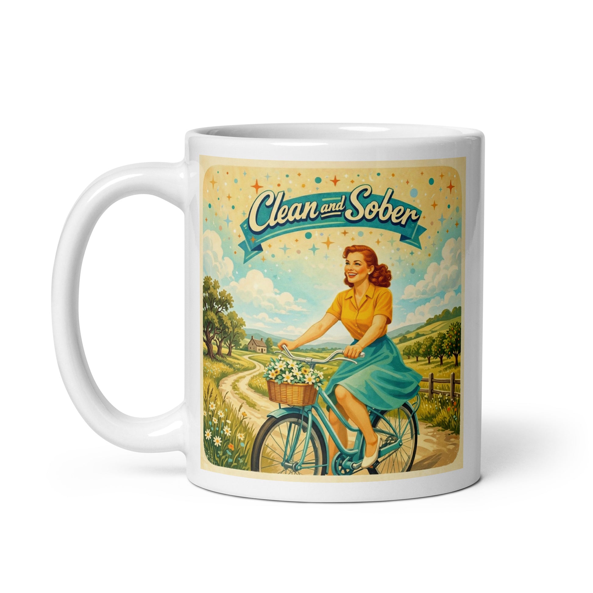 Cool 1950s retro style “Clean and Sober” illustration featuring a smiling woman riding a bicycle through a sunny countryside landscape with flowers and vintage pastel colors for a sobriety-themed coffee mug design.
