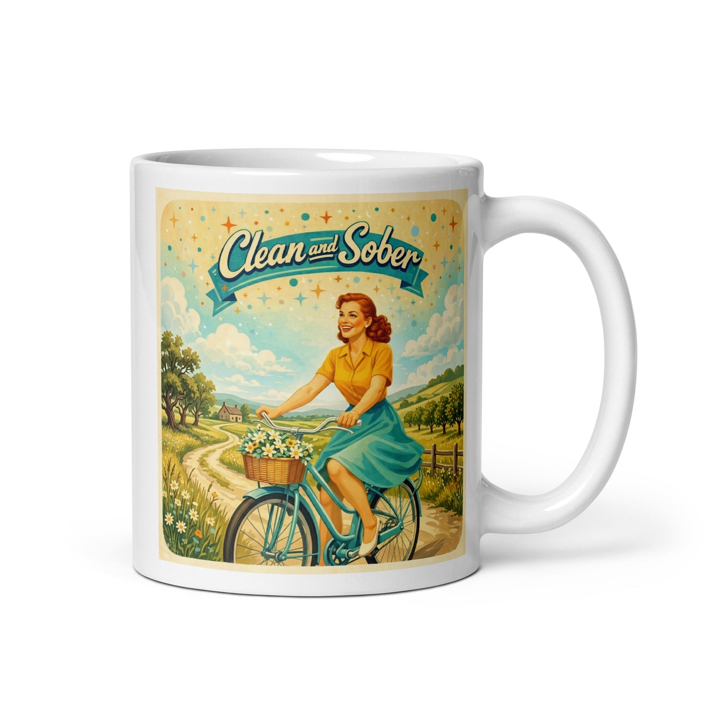 1950s retro style “Clean and Sober” illustration featuring a smiling woman riding a bicycle through a sunny countryside landscape with flowers and vintage pastel colors for a sobriety-themed coffee mug design.