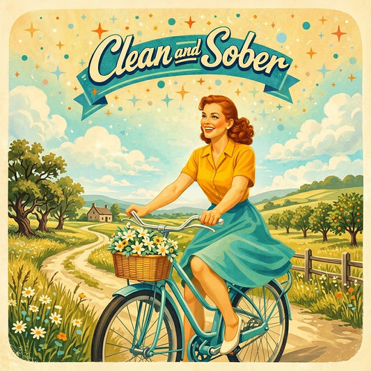 Thumbnail of a1950s retro style “Clean and Sober” illustration featuring a smiling woman riding a bicycle through a sunny countryside landscape with flowers and vintage pastel colors for a sobriety-themed coffee mug design.