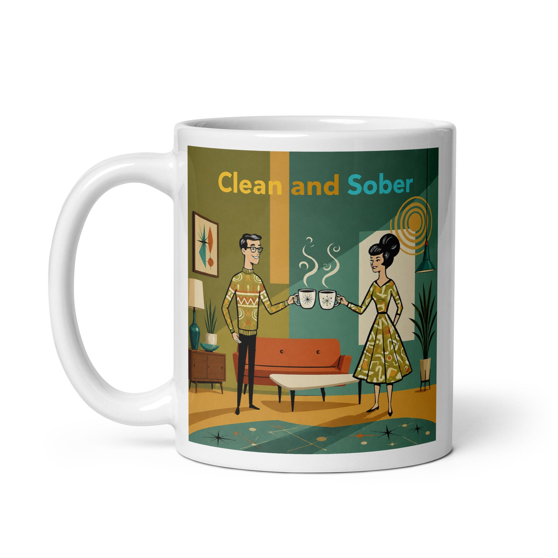 Cool hip 1950s mid-century modern style “Clean and Sober” illustration featuring a retro couple sharing coffee in an atomic-era living room for a sobriety themed coffee mug design.