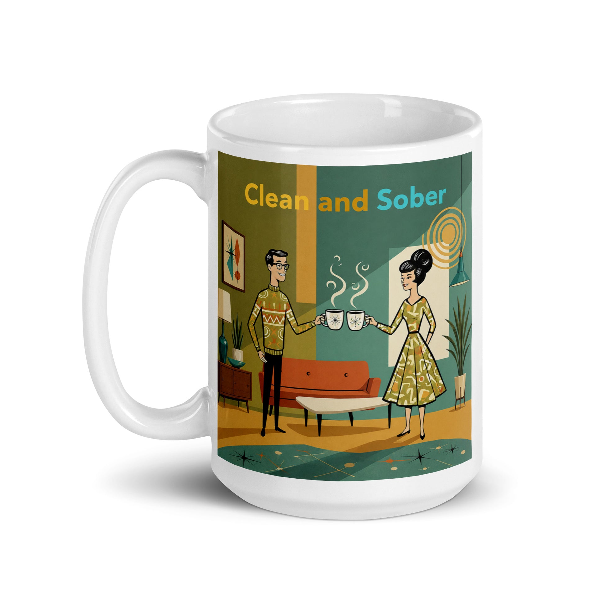 A cool and hip 1950s mid-century modern style “Clean and Sober” illustration featuring a retro couple sharing coffee in an atomic-era living room for a sobriety themed coffee mug design.