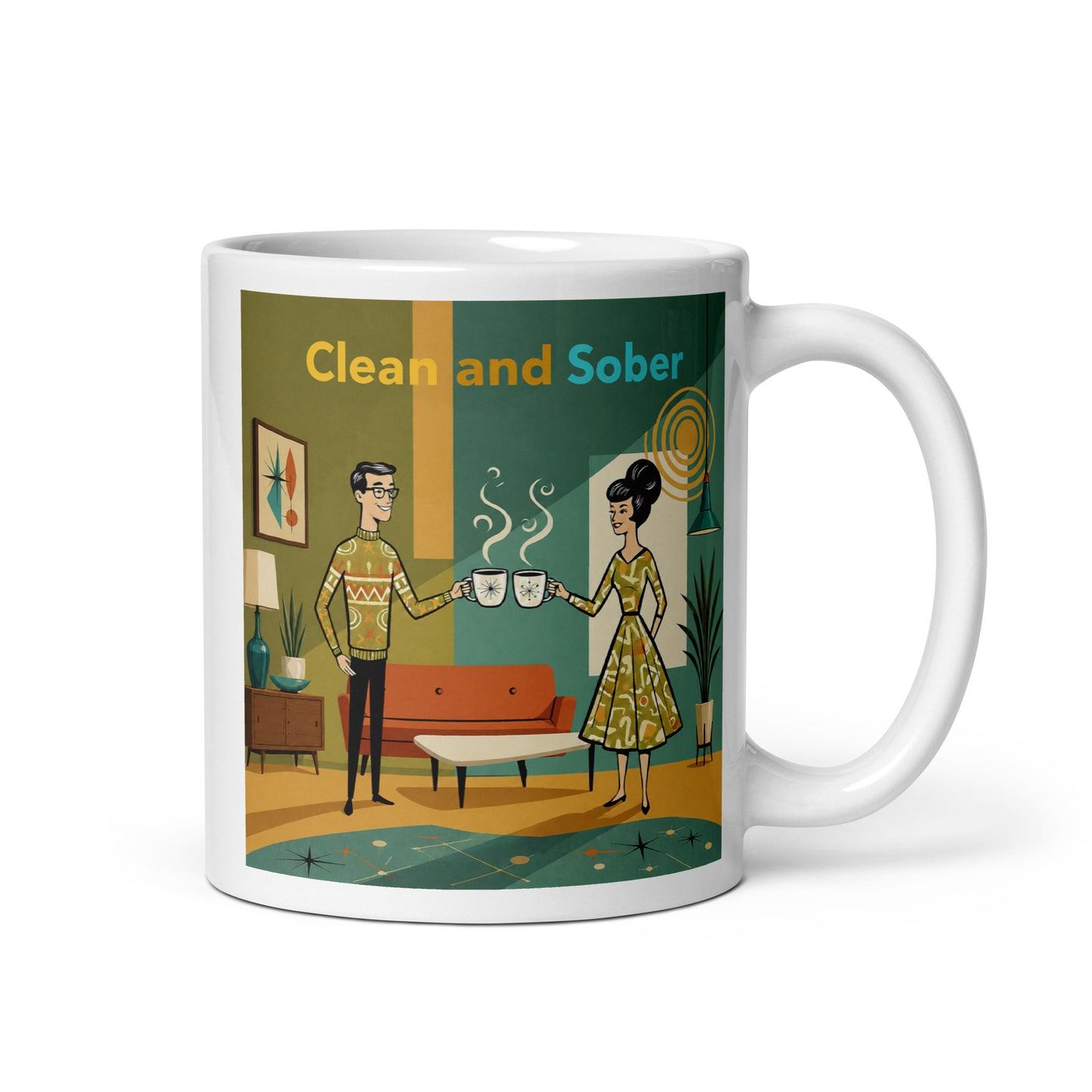 1950s mid-century modern style “Clean and Sober” illustration featuring a retro couple sharing coffee in an atomic-era living room for a sobriety themed coffee mug design.