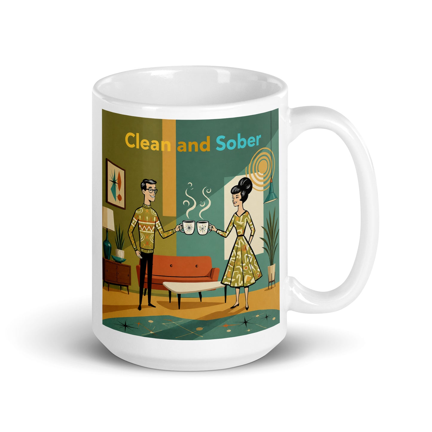 1950s mid-century modern style “Clean and Sober” illustration featuring a retro couple toasting to sobriety in an atomic-era living room for a sobriety themed coffee mug design.