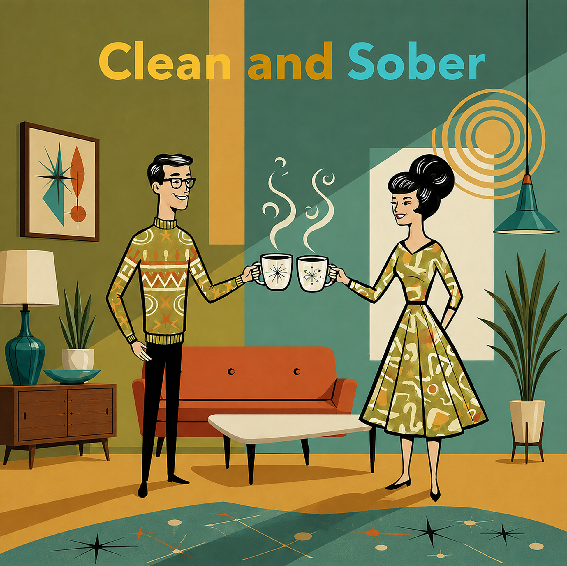 Thumbnail of a 1950s mid-century modern style “Clean and Sober” illustration featuring a retro couple sharing coffee in an atomic-era living room for a sobriety themed coffee mug design.